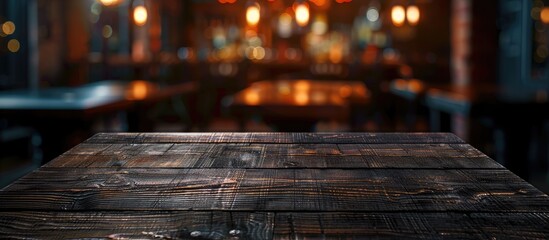 Sticker - Dark wooden table with no objects against a blurry restaurant background; suitable for displaying products. Ideal for product montages, featuring copy space image.