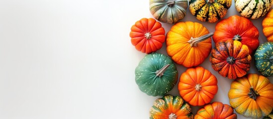 Poster - Top view of pumpkins on a white background with space for text - a creative autumn-themed image perfect for Thanksgiving.