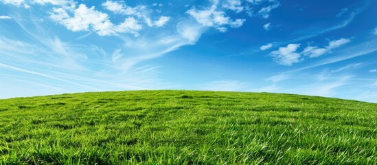 Poster - A scenic landscape featuring lush green grass on a hill against a backdrop of a bright blue sky, making an ideal copy space image.