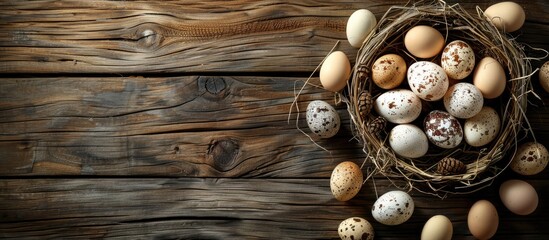 Aufkleber - Top view of a wooden table with a nest holding chicken and quail eggs, surrounded by Easter eggs, providing ample copy space image.