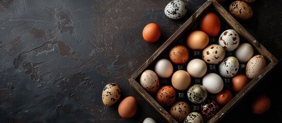 Poster - A box with chicken and quail eggs placed on a dark background, with ample copy space image incorporated.