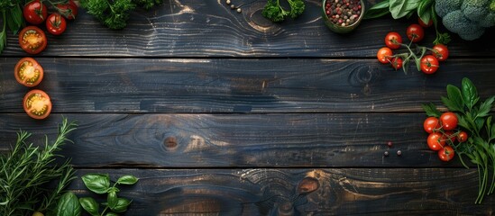 Poster - A plant-based vegetarian food concept with fresh vegetables for cooking on a dark wooden table background, top view, forming a frame or banner with copy space image.