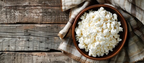 Poster - Rustic cottage cheese in a bowl on an aged wooden table, portraying homemade healthy dairy cuisine in a rustic setting with copy space image.