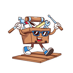 Sticker - Groovy builder toolbox cartoon character walking to construction site. Funny retro box holding hammer and screwdriver, mechanic tool mascot, cartoon sticker of 70s 80s style vector illustration