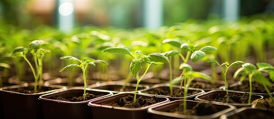 Aufkleber - Nature-themed image of tomato seedlings in a greenhouse with selective focus showcasing copy space image.