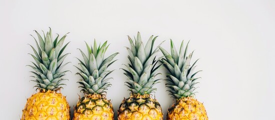 Poster - A white background showcases three vibrant pineapples with leafy tops. Copy space image.