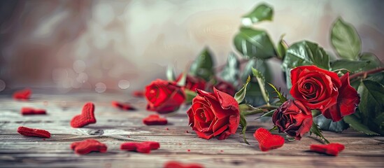 Poster - A lovely arrangement of red roses and hearts on a wooden surface, ideal for Valentine's Day festivities, featuring ample room for text or images alongside.