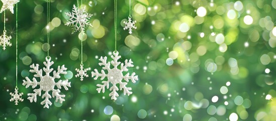 Poster - Festive Christmas ornaments like snowflakes and stars against a green backdrop with ample copy space image.