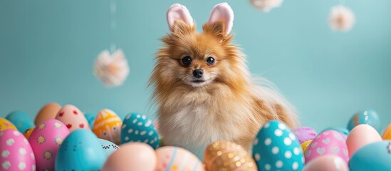 Poster - A Pomeranian spitz is seated amidst large Easter eggs, donning bunny ears, in a setting with ample copy space image.