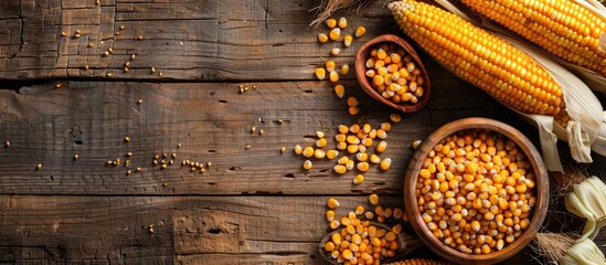 Aufkleber - Wooden table with maize products and fresh corn cobs, featuring a copy space image.