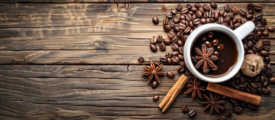 Aufkleber - Wooden table background with a coffee cup filled with coffee beans, cinnamon, and star anise, providing an appealing copy space image.
