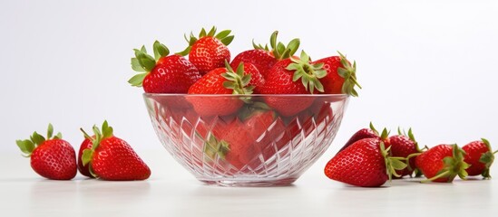 Wall Mural - Fresh ripe strawberries in a glass bowl on a white background with ample space for text or an image, suitable for a mockup.