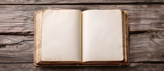Fototapete - Business concept image with open blank notebook placed on a wooden surface, offering copy space.