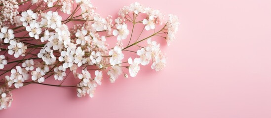 Canvas Print - Gypsophila flowers displayed on a soft-colored backdrop with a flat lay composition and top view perspective, providing an empty space for additional images or text.