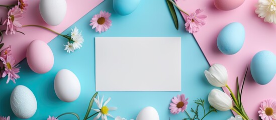 Poster - Colorful background with Easter eggs, flowers, and a blank card for copy space image.