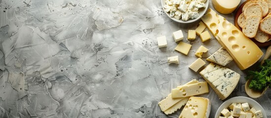 Poster - Various types and forms of cheese, representing a healthy food concept, set against a food-themed background with ample copy space for additional elements.