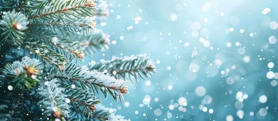 Poster - Snow-textured blue background features decorated Christmas fir tree branches with copy space image.