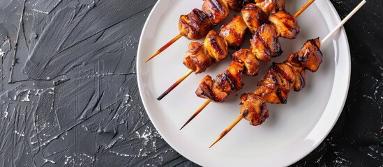 Poster - YAKITORI-style grilled chicken skewers featuring gizzards on a white plate with a copy space image.
