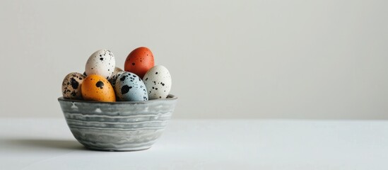 Poster - Colorful quail eggs displayed in a small container against a white backdrop, embodying an Easter theme with copy space image.