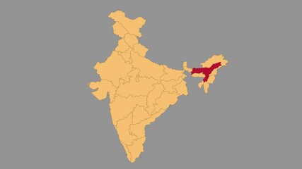 Poster - Assam map animated video. Map Highlighted on the India map with animation and colour with Gray background in video format.