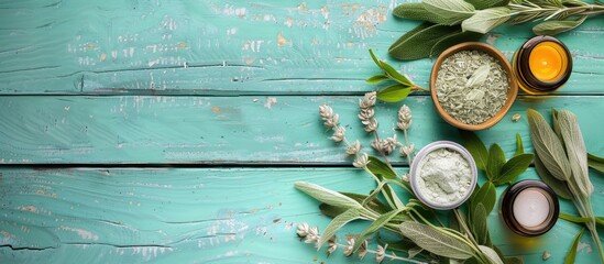 Poster - Sage herbs and beauty product samples displayed on a turquoise wooden table with a spacious copy space image.