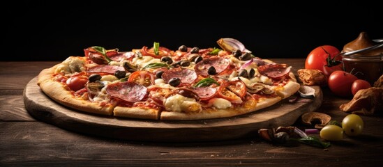 Canvas Print - There are pizza options with Italian or French origins, offering a variation of toppings like sausage, meat, cheese, and tomatoes, ideal for a copy space image.