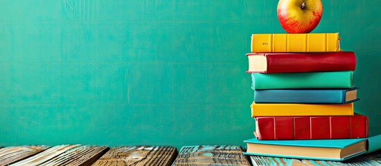Poster - Colorful stack of books against an educational backdrop with a back-to-school theme, ideal for incorporating text in the copy space image.