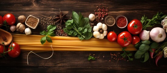 Aufkleber - Italian cooking essentials: pasta, veggies, spices, showcased in a top view for a copy space image.