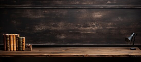 Aufkleber - Wooden desk with ample copy space image for decoration against a black backdrop, creating a moody ambiance, perfect for adding text or images.