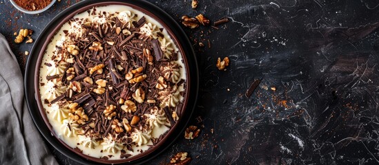 Aufkleber - Top view of an Esterhazy cake on a dark background with copy space image. A stunning dessert featuring white and dark chocolate, complemented by nuts.