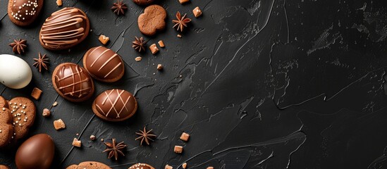 Aufkleber - Popular Easter treats like chocolate eggs and bunny cookies placed on a black background in a top view layout with space for adding text or images.