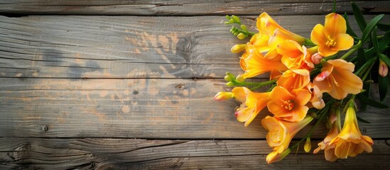 Poster - Freesia flowers blooming on a wooden surface with copy space image.