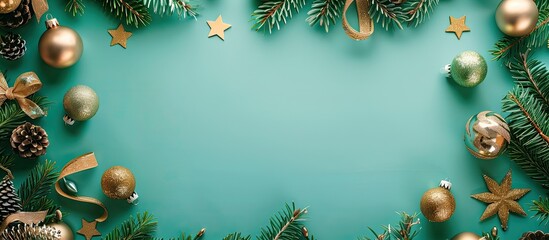 Poster - Top view of a border made of Christmas ornaments on a turquoise background, adorned with decorative fir branches, golden balls, stars, and bows, featuring a flat lay copy space image.