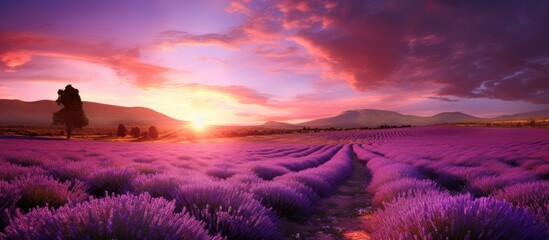Aufkleber - Gorgeous lavender field scene set against a summer sunset with a vast copy space image.