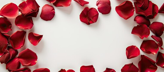 Poster - Valentine's Day themed banner frame featuring heart-shaped red rose petals on a white background. Perfect for love-themed designs. Includes a copy space image.