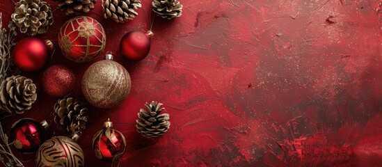 Poster - Christmas-themed decorations displayed on a textured red background with copy space image.