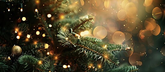 Canvas Print - Festive lighting decorates a Christmas tree with a twinkling ambiance, perfect for a holiday setting with copy space image.