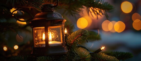 Wall Mural - Close-up image of a Christmas lantern with a lit candle placed on an indoor fir tree, providing copy space for text.