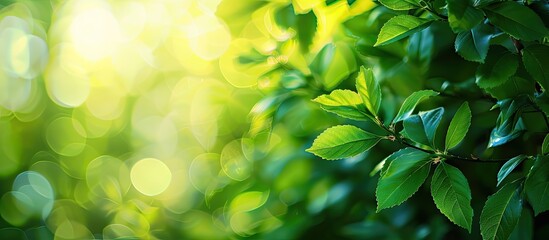 Poster - Green leaves beautifully displayed against a blurred green background in a garden with sunlight, ideal for a fresh wallpaper, emphasizing nature and ecology, with space for other content.