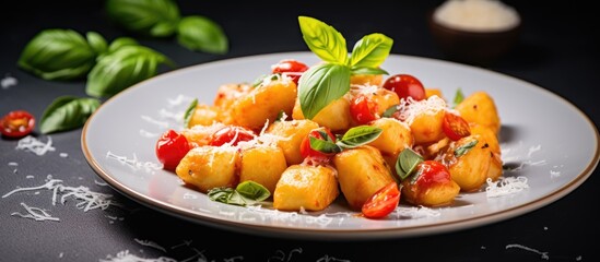 Aufkleber - Homemade potato gnocchi with tomato sauce, basil, parmesan, olive oil, and peppers presented on a plate on a white wooden table, creating an inviting copy space image.