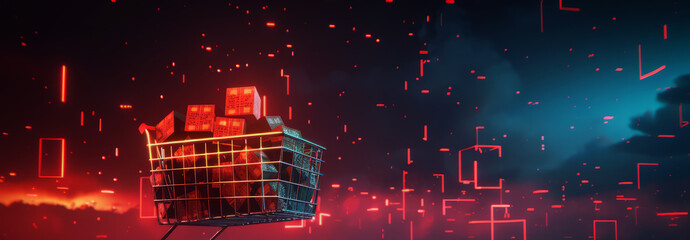 Poster - background  of online shopping with digital glowing cubes