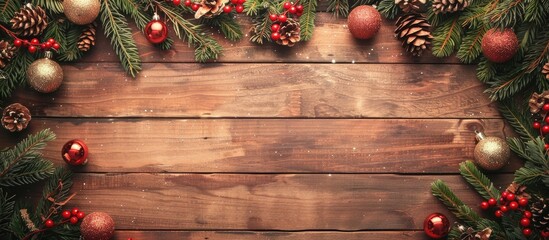 Sticker - A festive holiday scene on wooden background with copy space image.