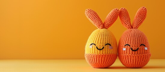 Aufkleber - Copy space image featuring two eggs in an orange knitted beanie with rabbit ears and happy faces on a yellow backdrop.