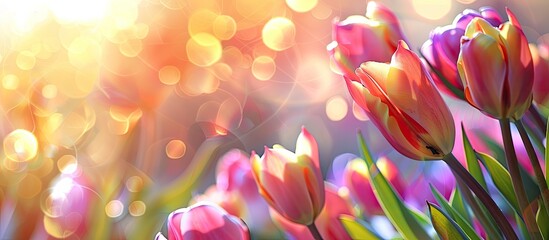 Sticker - Easter-themed backdrop featuring vibrant tulips, lovely bokeh, and space for text on a copy space image.