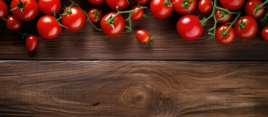 Poster - Cherry tomatoes placed on a wooden table with a clear space in the image, shot from above.