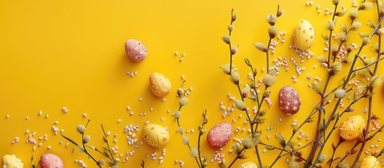 Aufkleber - Closeup of a yellow background with pussy willow branches, tulip flower, and painted Easter eggs, leaving room for additional content in the photograph.