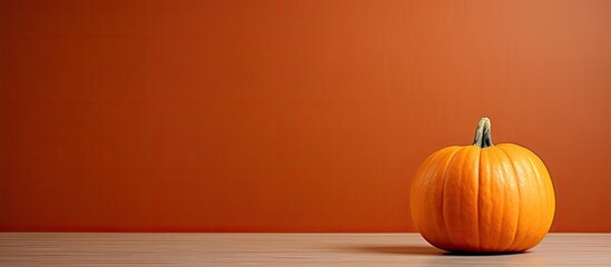 Poster - A solitary, vibrant orange baby pumpkin displayed on a table with room for a copy space image.