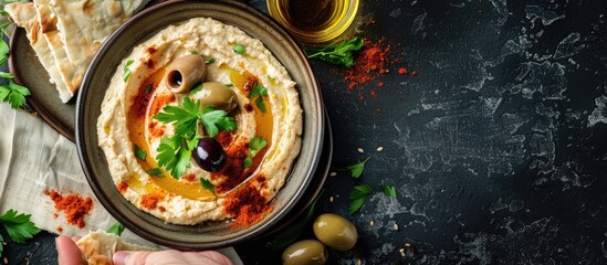 Aufkleber - A classic Middle Eastern dish of hummus presented on a vintage ceramic plate with olives, herbs, and pita bread, drizzled with olive oil and paprika, shown in a top-down view with copy space image.