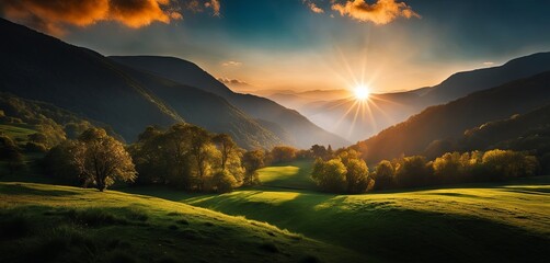 Poster - A beautiful mountain landscape with a sun shining on it