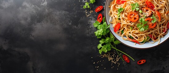 Poster - Top view of healthy Asian noodles and vegetables ideal for vegan and vegetarian diets, displayed with panoramic style and room for copy space image.